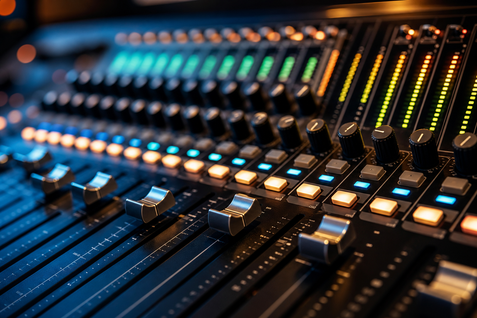 Dettaglio dei fader e delle manopole del mixer audio nello studio di registrazione Microfono a Gorizia